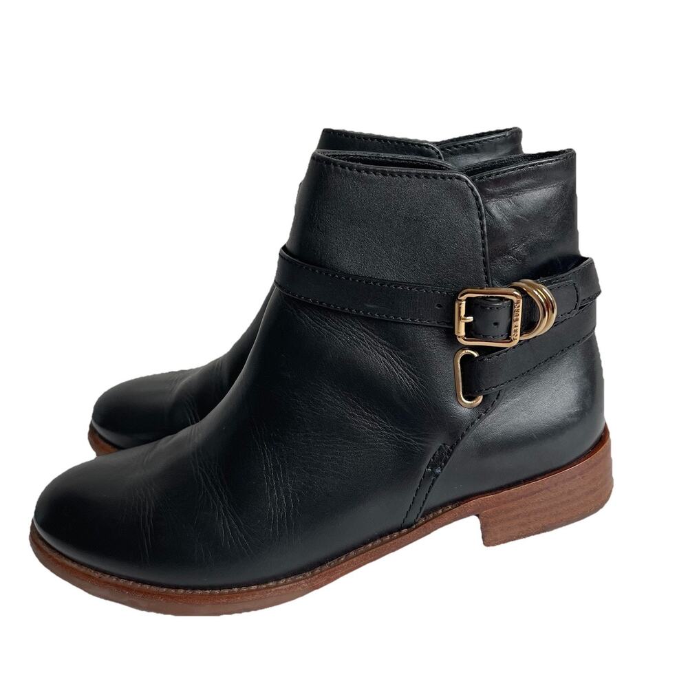 Tory Burch Black Leather Harness Buckle Ankle Boots‎ Size 8M Comfy Booties 5214